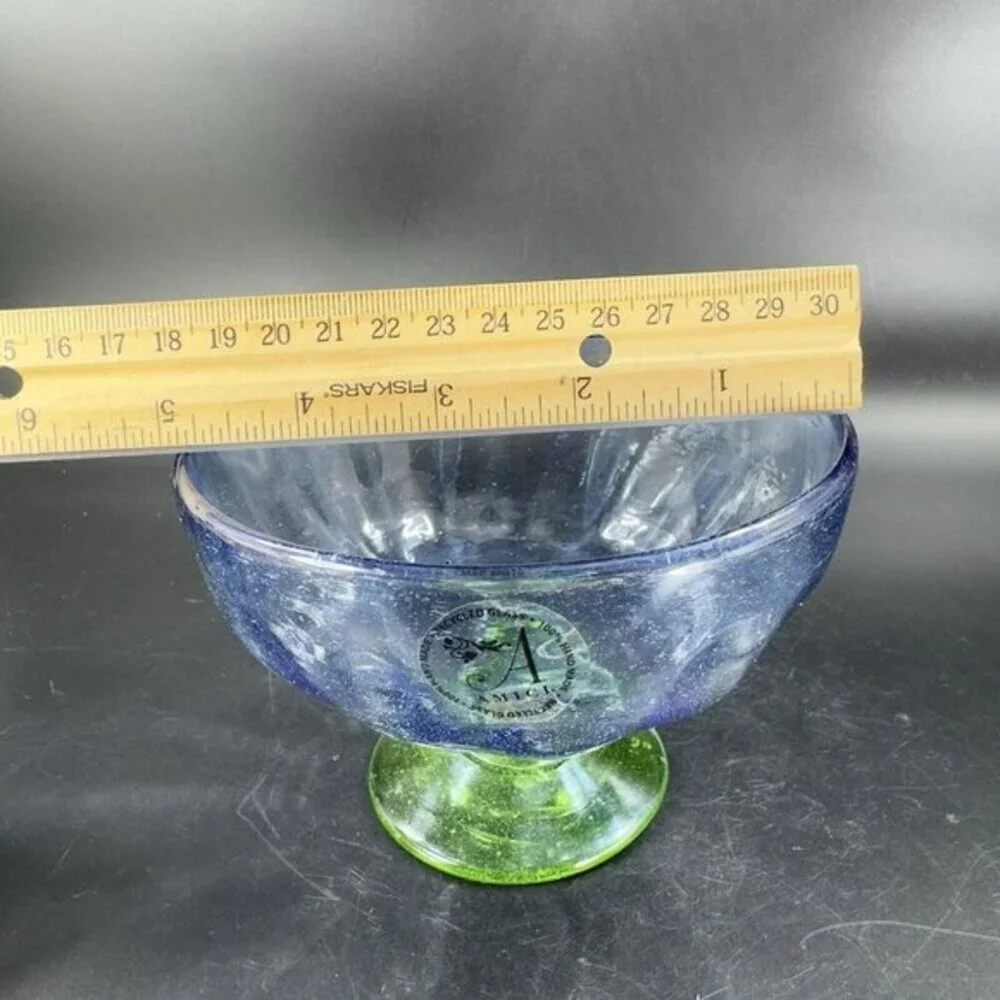 Amici Art Glass Footed Compote Large Drinking Cup Bowl Blue‎ And Green Bottom